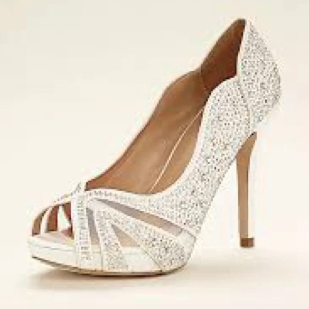 De Blossom Barbara Rhinestone Peep Toe Heels Gold Formal Wedding Size 9 NEW